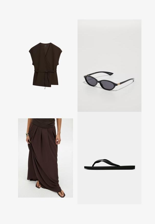 Massimo Dutti - Kurtka wiosenna; Czarny longsleeve wykonany z miękkiego materiału. Posiada okrągły dekolt i marszczone detale w talii. Gładka tekstura, dopasowany fason.; Brąskowa spódnica maxi wykonana z lekkiego materiału, z plisami, zwiewnym krojem i elastyczną talią dla komfortu.; Czarne gumowe klapki z teksturowanym paskiem i prostą płaską podeszwą, przedstawione z boku na jasnym jednolitym tle.; Czarne okulary przeciwsłoneczne z owalnymi soczewkami, ciemnym gradientowym przyciemnieniem i cienkimi ramionami z subtelnymi złotymi akcentami. Gładkie, plastikowe wykończenie.; Czarna pleciona skórzana kopertówka o prostokątnym kształcie, z cienkim uchwytem i subtelnymi złotymi akcentami.; Stos dwóch pierścionków; górny jest bursztynowy z wirami, a dolny jasnobeżowy; oba są gładkie i błyszczące z żywicy.