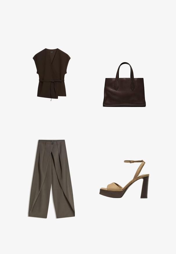 Massimo Dutti DOUBLE-BREASTED V-NECK WITH TIES - Giacca da mezza stagione - mottled dark brown; T-shirt in cotone marrone, maniche corte, collo a giro, vestibilità abbastanza ampia, texture liscia, design minimalista, senza motivi o dettagli visibili.; Pantaloni a gamba larga realizzati in un tessuto testurizzato grigio scuro. Presentano una piega frontale, chiusura con bottone e tasche laterali per praticità.; Sandali con tacco alto in suede beige, con una larga fascetta anteriore e una fascetta alla caviglia, dotati di un tacco blocco in legno spesso con una finitura testurizzata.; Borsa a spalla in pelle marrone con due manici lunghi, forma rettangolare strutturata, texture liscia e dettagli di cucitura sottili.