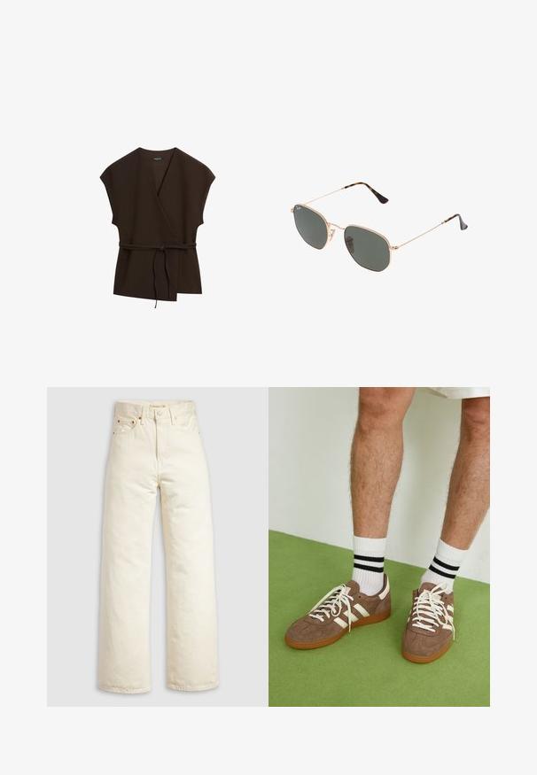 Massimo Dutti DOUBLE-BREASTED V-NECK WITH TIES - Giacca leggera - mottled dark brown; Maglia bianca a maniche lunghe con scollo ampio, aperture laterali e un tessuto leggero e morbido, caratterizzata da un design semplice e minimalista.; Jeans a gamba larga in denim color bianco sporco, con vita alta, rivetti in rame e classico design a cinque tasche. Tessuto strutturato con orli puliti.; Sneaker in suede marrone con dettagli e lacci bianchi. Suola in gomma color gomma. Indossati con calzini bianchi con righe nere. Pavimento verde texturizzato.; Occhiali da sole con montatura in metallo dorato e lenti verde scuro, stile aviator, con aste sottili e dettagli in tartaruga sulle punte.; Borsa nera in similpelle trapuntata con tracolla a catena, caratterizzata da un motivo esagonale e un dettaglio decorativo a forma di ala sulla parte frontale.