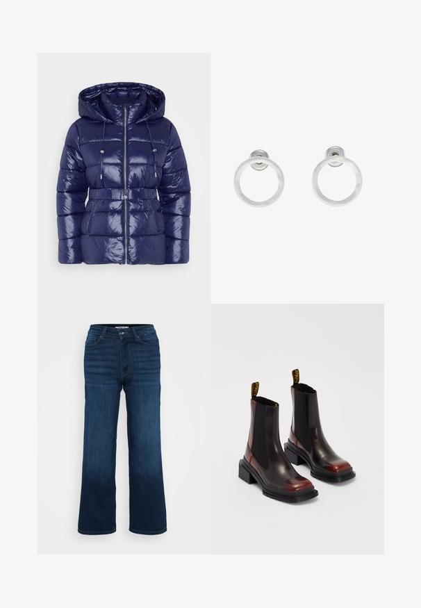 Jūras spēku puffer jaka ar spīdīgu apdari, kapuci, rāvējslēdzēju, regulējamiem šņorēm un jostu viduklī. Kvitēta tekstūra un sānu kabatas.; Trīs garām piedurknēm apgrieztas blūzes, sakrautas, krāsās balta, bēša un blāvi tumši zila, ar apaļiem kakla izgriezumiem, uz gaiši pelēka fona.; ONLY Petite ONLMADISON BLUSH WIDE - Džinsi ar platām starām - dark blue denim; Dr. Martens MAYBOLE CHELSEA - Puszābaki ar platformu - black/cherry red; Sudraba metāla gredzenveida auskari ar matētu faktūru, ar apaļu dizainu un caurspīdīgu aizdari, lai nodrošinātu drošu valkāšanu.