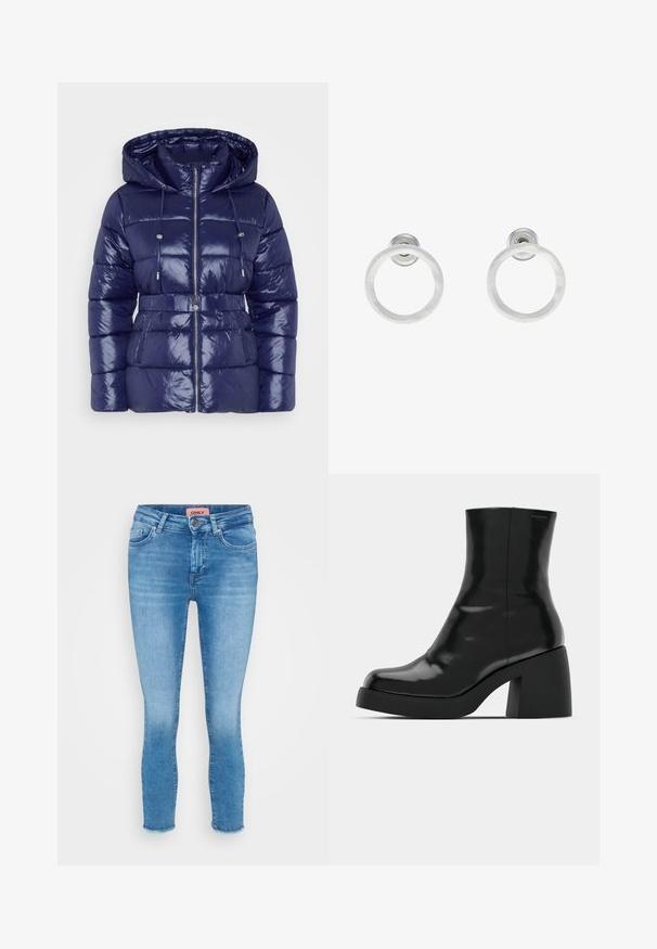 Tamsiai mėlynas pūkinis švarkas su blizgiu paviršiumi, gobtuvu, užtrauktuko uždarymu, reguliuojamais raiščiais ir diržu. Kvadratinė tekstūra ir šoniniai kišeniai.; Trys ilgomis rankovėmis apkirptos palaidinės, spalvų: balta, smėlinė ir tyliai mėtinė, su apvaliais iškirpimais, ant šviesiai pilko fono.; Šviesiai mėlynos džinsinės, prigludusios kelnės su vidutinio aukščio juosmeniu, penkių kišenių dizainu ir nelygiais galais ties kulkšnimis. Priklausomybės etiketė matoma ties juosmeniu.; Juodi kulkšniniai batai su blizgiu paviršiumi, kvadratiniu pirštu ir storu blokiniu kulnu. Dizainas pasižymi be siūlių siluetu ir minimalia ženklinimo. ; Sidabriniai metaliniai auskarai žiedų pavidalu su šveitimo tekstūra, turintys apvalų dizainą ir skaidrų laikiklį saugiam dėvėjimui.