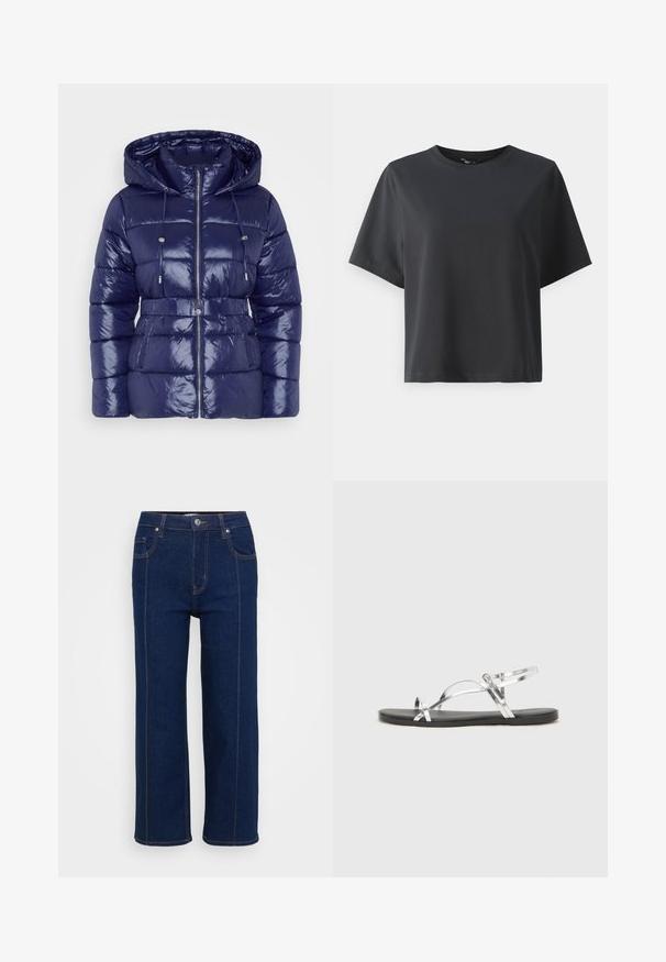 Marineblå puffjakke med blank overflate, hette, glidelås, justerbare snorer og belte i midjen. Kviltet tekstur og sidelommer.; Svart bomull T-skjorte, korte ermer, rund hals, avslappet passform, jevn tekstur, enkel design, ingen mønstre eller aksenter.; Mørkeblå rette jeans med knappelukking, front- og baklommer, og synlig oransjefargede sømmer langs sømmene.; Sølvfargede metall sandaler med et minimalistisk design, som har tynne stropper og en sort flat såle. Fremhevingene inkluderer kryssremmer.