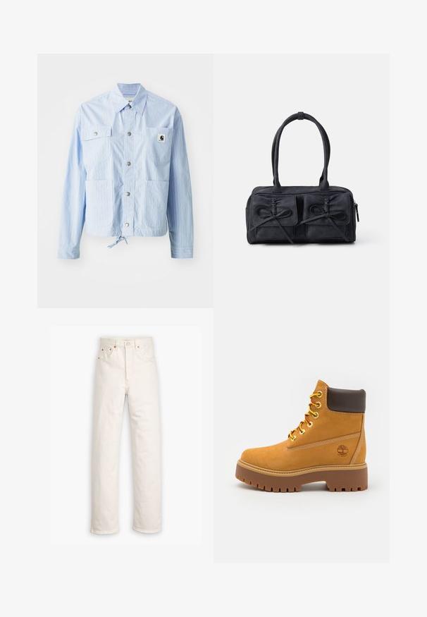 Chaqueta a rayas de color azul claro con cierre de botón, cuatro bolsillos frontales y dobladillo con cordón. Presenta una pequeña etiqueta de logo en el bolsillo izquierdo.; Blusa con fruncidos que presenta un patrón a cuadros en negro, blanco y beige. Cuello y puños con volantes, mangas largas, ajuste corto.; Jeans de mezclilla blanca con un diseño de pierna recta, estilo de cinco bolsillos y detalles de hardware en color cobre. Acabado sin dobladillo en los tobillos.; Botín impermeable color marrón claro con una suela de goma robusta, punta redonda, cuello de cuero marrón, cordones amarillos y un logo en el lateral.; Bolso de tela negra con dos bolsillos frontales que presentan detalles de lazo, asas dobles y cierre de cremallera. Textura suave y forma rectangular.