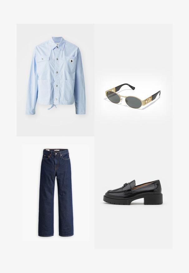 Light blue striped jacket with button closure, four front pockets, and a drawstring hem. Features a small logo tag on the left pocket.; Light blue blouse made of shiny fabric, featuring a classic collar, button front, puffed sleeves, and a tiered, ruffled hemline.; Dark blue straight-leg denim jeans with five pockets, orange stitching, and a button fly closure.; Black leather loafer with a low block heel, rounded toe, decorative strap, and textured stitching detail on the upper. Smooth finish.; Oval sunglasses with a gold metal frame and gray lenses. Features black acetate arms with gold accents and logo detail on the sides.; Rose gold necklace with a swan pendant, embellished with clear crystals. The chain features a delicate link design.