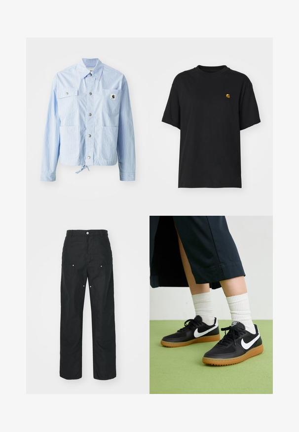 Hellblau gestreifte Jacke mit Knopfdurchführung, vier Fronttaschen und einem Zugbandsaum. Besitzt ein kleines Logoschild an der linken Tasche.; Schwarzes Baumwoll-T-Shirt mit lockerer Passform. Hat einen Rundhalsausschnitt und kurze Ärmel. Enthält ein kleines, goldfarben gesticktes Logo auf der Brust.; Schwarze Hose mit geradem Bein, aus einem strukturierten Stoff. Verfügt über dekorative silberne Hardware und einzigartige Nahtdetails.; Schwarze Leder- und synthetische Sneakers mit weißem Nike-Swoosh, Gummisohle, runder Spitze und schwarzen Schnürsenkeln. Gestreifte weiße Socken sind sichtbar.