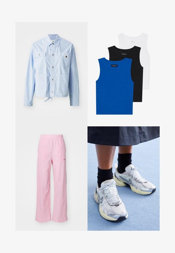 Lysblå stribet jakke med knaplukning, fire frontlommer og snoretræk i bunden. Har en lille logo-tag på venstre lomme.; Tre ærmeløse skjorter i blå, sort og hvid. Stoffet er ribbet med en rund halsudskæring. Hver skjorte har et mærke med teksten "even&odd."; Lyserøde elastik-bukser med afslappet pasform. Har et rødt logo på venstre side og en glat, let struktur.; Hvide og sølv Nike sneakers med mesh-stof, reflekterende detaljer og en beige sål. Bæres med sorte sokker og står på en blå overflade.