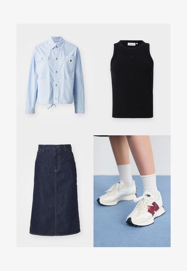 Světle modrá pruhovaná bunda se zapínáním na knoflíky, čtyřmi předními kapsami a šňůrkou na spodním lem. Obsahuje malou logo etiketu na levé kapse.; Černý bezrukávový top z žebrované tkaniny s kulatým výstřihem a malým logem na přední straně. Jednoduchý, přiléhavý design.; Tmavě modrá džínová sukně s vysokým pasem, rovného střihu, předními kapsami a prošitými švy. Disponuje zipem a knoflíkem na zapínání v pase.; Pár bílých tenisek s vínovými akcenty, texturovanými panely, plochou černou podrážkou a světlými tkaničkami, nošené s bílými kotníkovými ponožkami.