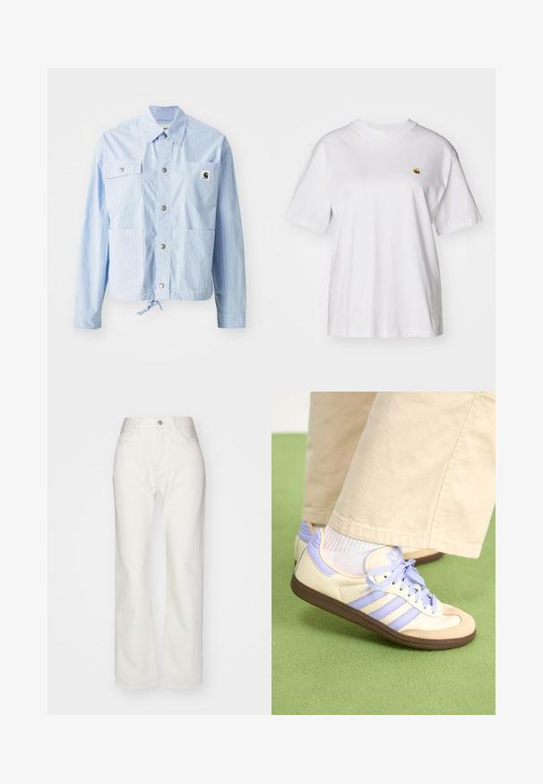 Lichtblauwe gestreepte jas met knoopsluiting, vier voorzakken en een trekkoord onderaan. Beschikt over een kleine logo-label op de linkerzak.; Witte katoenen t-shirt met een relaxte pasvorm, korte mouwen en een klein geborduurd logo op de linkerborst.; Witte denim broek met een hoge taille en wijde pijpen. Voorzien van een knoop- en ritsluiting, ceintuurlussen en subtiele stikseldetails.; Crème- en lavendel-sneakers met drie strepen en een gestructureerde bruine zool, voorzien van veters en een gewatteerde hiel. Zachte stoffen bovenkant.