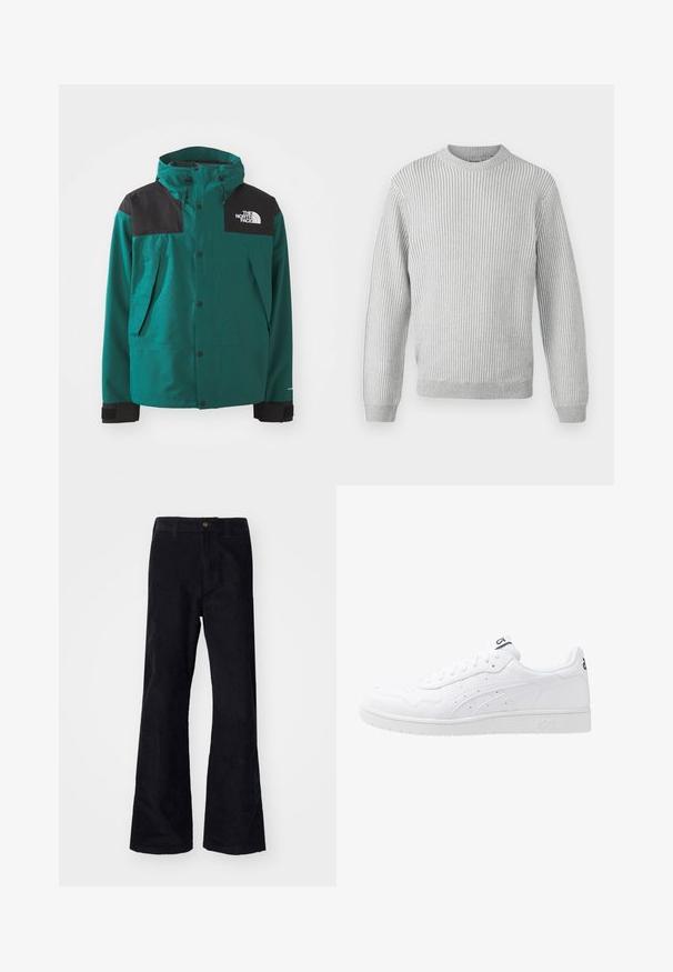 Teal jacket with black shoulder panels, adjustable hood, snap buttons, side pockets, and textured fabric. Brand logo on chest.; Light gray ribbed sweater with a round neckline, long sleeves, and a straight hem. Made of soft, textured fabric.; Black, cotton flared pants with a traditional waistband, single front button, and pockets at the sides and back. Smooth texture.; White leather sneakers with a smooth finish, perforated accents, and a textured midsole. Features a logo on the tongue and side stripes.