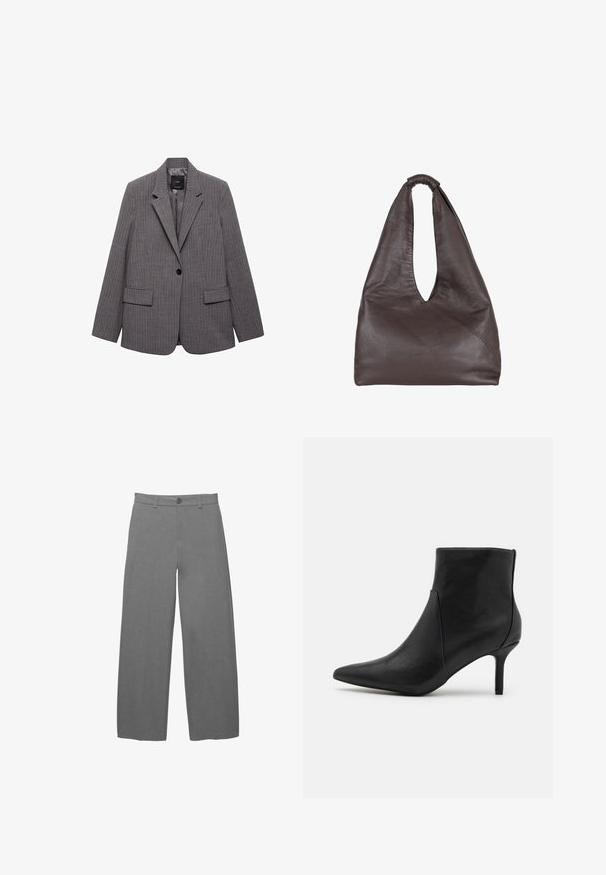 Gray pinstriped blazer with a single black button, notch lapels, two front pockets, and a smooth inner lining.; White short-sleeve t-shirt made of cotton with a round neckline and a relaxed fit. Smooth texture and no visible patterns or embellishments.; Light gray wide-leg trousers with a smooth, textured fabric, featuring a front button closure and belt loops at the waist.; Anna Field Ankle boots - black; Brown leather bag with a slouchy, oversized design. Features a loop handle and a deep V-cut opening for easy access. Soft texture, minimalist style.