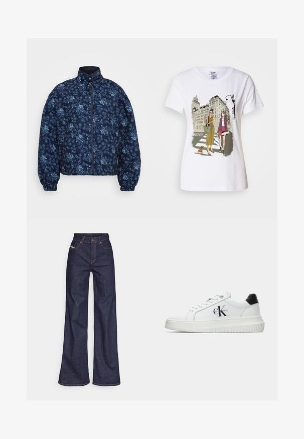 Quiltet marineblå jakke med blomsterdesign i lys blå. Har høy krage og knappelukking, med elastiske mansjetter og en kort design.; Hvit bomulls T-skjorte med trykt illustrasjon av to kvinner i urbane motestiler med en hund på et fotgjengerfelt og bybygninger.; Mørkeblå vide jeans i denim med høy midje, med oransje sømmer, fem-lomme-design og knappelukking.; Hvite lavsko med svart hæltab, plattformsåle, snøringer og Calvin Klein "CK" logo på siden.