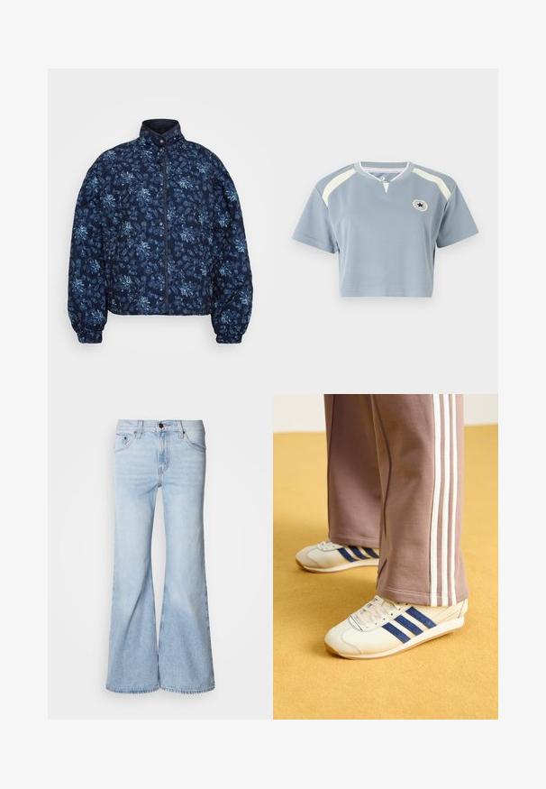 Navy mėlynas siuvinėtas švarkas su šviesiai mėlynu gėlių raštu. Sukurtas su aukštu apykakle ir mygtukų uždarymu, su elastingomis rankogaliais ir trumpa forma.; Pjūvis marškinėliai šviesiai mėlynos spalvos audinyje su trumpomis rankovėmis. Pasirinktinai su grietinėlės spalvos akcentais ir apskritu logotipu ant krūtinės. Apvalus iškirpimas.; Šviesiai mėlynos flare stiliaus džinsai, su aukštu liemeniu, džinsinio audinio, penkiomis kišenėmis ir sagos užsegimu. Kojos platėjančios ir turi šiek tiek išblukusį atspalvį.; Kreminės sportinės bateliai su mėlynos nubuko juostelėmis, baltos raišteliais ir guminėmis padangomis. Sukomplektuota su pilkomis sportinėmis kelnėmis, turinčiomis baltas šonines juosteles.