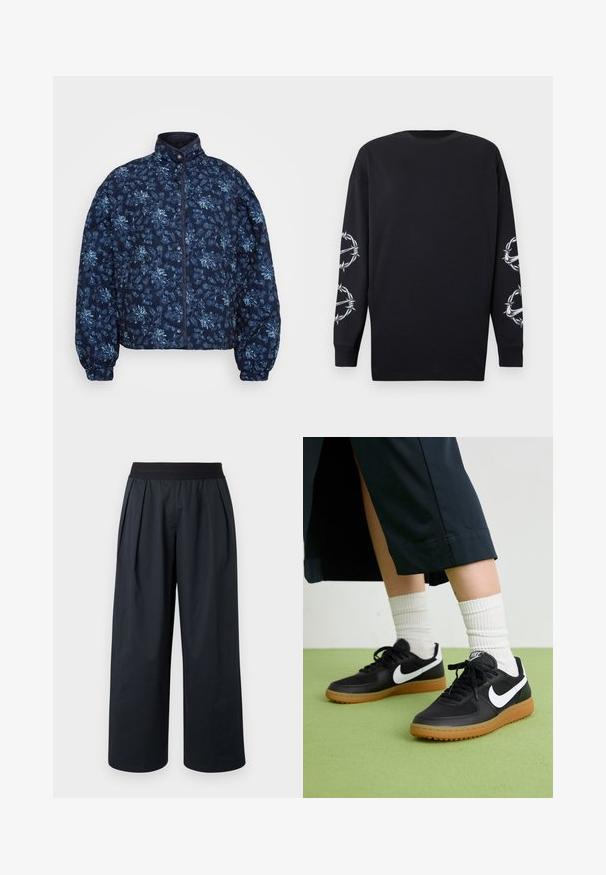 Casaco acolchoado azul-marinho com um padrão floral em azul-claro. Apresenta um colarinho alto e fecho por botões, com punhos elásticos e um design curto.; Camisa preta de manga longa com decote redondo, featuring gráficos de arame farpado e espinhos brancos em ambas as mangas.; Calças pretas de perna larga com frente pregueada, cintura elástica e textura de tecido suave. Apresentam um corte solto e comprimento cropped.; Sapatilhas pretas em couro e sintético com o logo da Nike em branco, sola de borracha tipo goma, bico redondo e atacadores pretos. Meias brancas com frunces visíveis.