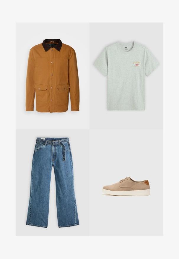 INDICODE JEANS Light jacket - rubber; Gray cotton t-shirt with short sleeves, round neck, featuring multicolored brand logo print on the upper left side. Smooth texture.; Blue denim wide-leg jeans with attached belt, front pockets, and visible stitching on a plain light background.; Beige suede sneakers with a rounded toe, lace-up front, and a textured back accent. White rubber sole provides contrast. Simple and modern design.