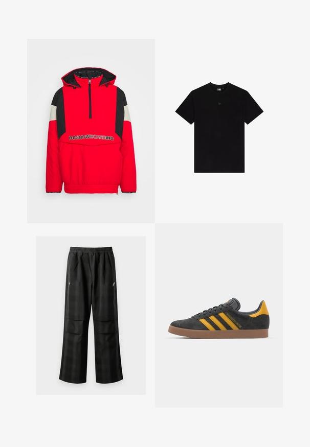 DC Shoes TRANSITION REVERSIBLE ANORAK - Casaco de snowboard - racing red; T-shirt de algodão preto com mangas curtas, decote redondo e um pequeno logótipo tonal no peito. Textura suave e corte clássico.; Calças pretas em padrão xadrez com cintura elástica, dois bolsos frontais e um ajuste solto com design de perna reta. Feitas de material leve.; Tenis em camurça preta com detalhes amarelos, apresentando três riscas e uma sola de borracha castanha. Inclui uma língua acolchoada para maior conforto.