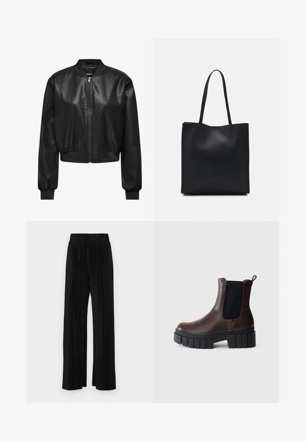 Zwarte leren bomberjack met een voorrits, geribde kraag en manchetten, en zijzakken. Gladde textuur met een cropped ontwerp.; Donkergrijze top met korte mouwen en een bootnek. Gemaakt van ribbelstof, met een relaxte pasvorm en een nette zoom. Eenvoudig ontwerp, geen patronen.; Zwarte geplooide broek met een elastische tailleband. Beschikt over wijde pijpen en een glad, gestructureerd stof met verticale strepen.; Bruine leren enkellaarzen met elastische zijpanelen, gestructureerde zwarte zool en een stevige hak. Voorzien van een treklus aan de achterkant voor gemakkelijk aan- en uittrekken.; Zwarte leren handtas met een gladde textuur, rechthoekige vorm en twee lange handvaten. Geen zichtbare hardware of versieringen.