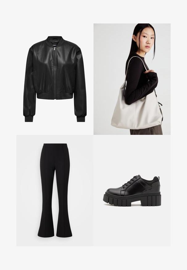 Jaqueta bomber preta de couro com fecho na frente, gola e punhos canelados, e bolsos laterais. Textura suave com um design cropped.; Duas camisas de manga longa: uma preta e uma branca. Ambas apresentam um decote redondo, mangas raglan e um tecido macio em mistura de algodão.; Calças largas pretas feitas de um tecido elástico, com uma textura suave, cintura alta e detalhes de costura na frente.; Sapatos de plataforma em couro preto com um salto bloco robusto, bico redondo e design clássico de atacadores. Apresentam uma textura suave e detalhes mínimos.; Uma bolsa bege feita de material macio, com um design descontraído, detalhes de costura e duas alças para o ombro. Adequada para uso diário.