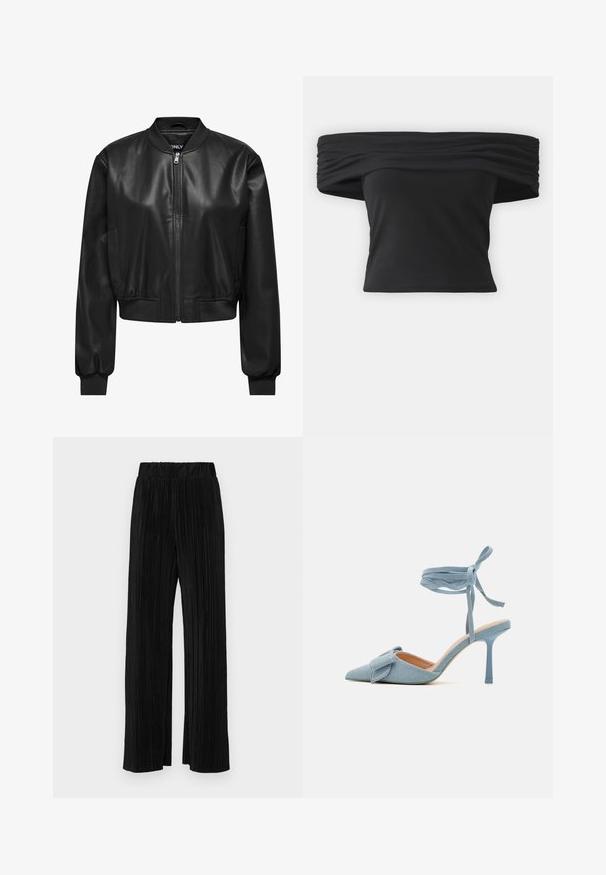 Schwarze Lederbomberjacke mit einem Frontreißverschluss, geripptem Kragen und Bündchen sowie seitlichen Taschen. Glatte Textur mit tailliertem Design.; Schwarzes Off-Shoulder-Oberteil mit geraffter Textur am Ausschnitt, kurzen Ärmeln und einem figurnahen, cropped Design. Hergestellt aus dehnbarem Material.; Schwarze plissierte Hose mit elastischem Bund. Verfügt über weite Hosenbeine und einen glatten, strukturierten Stoff mit vertikalen Streifen.; Spitz zulaufender High Heel Schuh aus hellblauem Stoff mit strukturiertem Finish, versehen mit einem Schleifenakzent und einem Knöchelriemen für sicheren Halt.