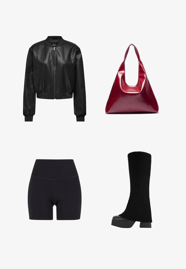 Černá kožená bomber bunda s předním zipem, žebrovaným límcem a manžetami a bočními kapsami. Hladká textura s kratším střihem.; Černé tričko s krátkým rukávem a výstřihem do V, se třemi knoflíky na zapínání. Vyrobeno z měkkého, elastického materiálu. Jednoduchý, klasický design.; Černé vysoké šortky vyrobené z pružného materiálu. Mají elastický pás, hladkou strukturu a délku do poloviny stehna s bezešvým designem.; Černé kozačky do poloviny stehen se ribbovaným textilním svrškem, robustní platformou a blokovým podpatkem, s hladkou strukturou a elegantním, moderním designem.; Červená lesklá kožená kabelka trojúhelníkového tvaru, široké horní otevírání a jeden zakřivený popruh. Hladký povrch s minimálními detaily šití.