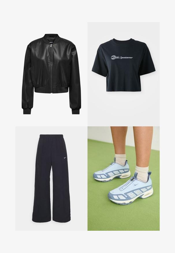 Juodas odinis bomberio švarkas su priekyje esančiu užtrauktuku, įsiūtu apykakle ir rankogaliais, bei šoninėmis kišenėmis. Lygus audinys su trumpu dizainu.; Trumpa juoda medvilnė t-shirt su trumpomis rankovėmis, su balta etikete "Vice Sportswear" ir apskritu grafiku priekyje.; Juodos plačios kojos kelnės su elastinga liemene ir mažuoju baltu Nike logotipu. Audinys turi lygią tekstūrą, sukurtas patogumui ir kasdieniam nešiojimui.; Šviesiai mėlynos sportinės batuokai su baltais akcentais, tekstūruotais paneliais ir užtrauktuku. Yra matoma oro amortizavimo padas ir guminis padas.