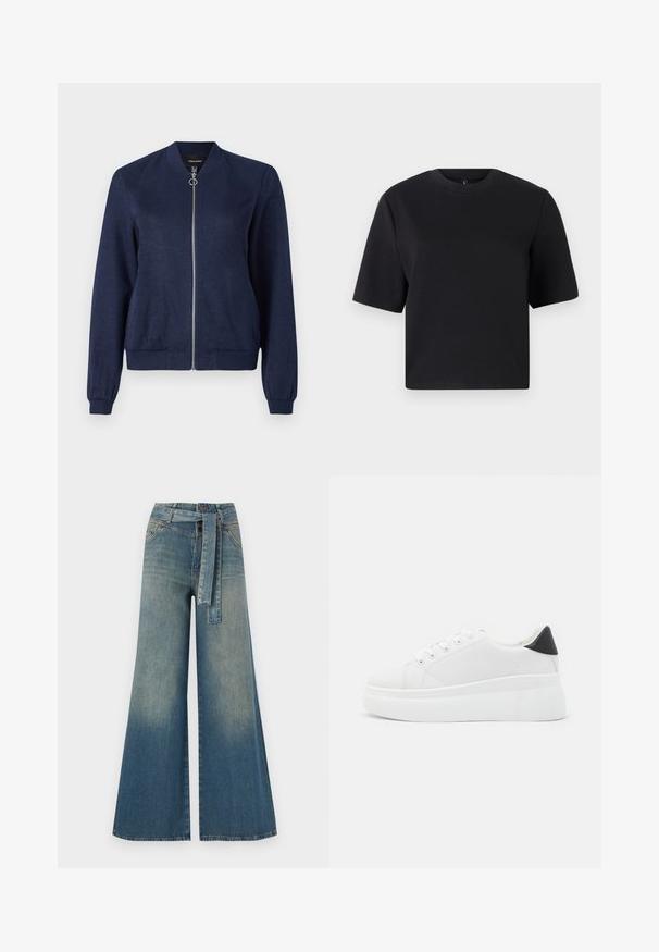 Marineblå bomberjakke med sølvglidelås og rund trekk, med ribbede mansjetter og linning, mot en ensfarget hvit bakgrunn.; Svart T-skjorte med korte ermer, rund hals, laget av glatt bomullsstoff; løs passform, minimalistisk design, ingen synlige mønstre eller detaljer.; Bredde ben jeans med en lyseblå til mørkeblå gradient, høyt liv, beltehemper og et matchende belte i samme stoff. Teksturert denimoverflate.; Hvite plattform sneakers laget av glatt syntetisk materiale, med rund tå, snøring og en strukturert gummisåle. Svart hæl akcent.