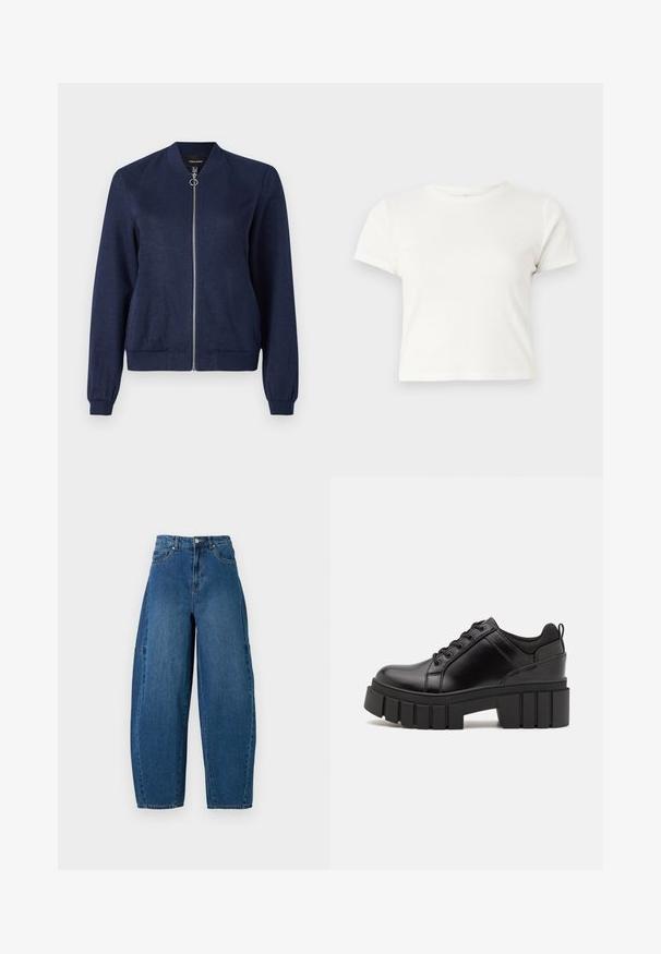 Tamsiai mėlyna bombinė striukė su sidabriniu užtrauktuku ir apvaliu traukimo fiksatoriumi, turinti raukšlėjimo rankoves ir juosmenį, prieš baltą foną.; Trumpa balta medvilnės marškinėliai su trumpomis rankovėmis, apvaliu kaklu ir tiesiu hemu, pasižyminti lygiu tekstūriu ir minimaliu dizainu.; Deniminės džinsai vidutinio mėlynumo atspalviu, su aukštu liemeniu, plačiais kojų kirpimais ir standartiniu penkių kišenių dizainu, pasižyminčiu matomais siuvimo detalėmis.; Juodi odiniai platformos batai su masyviu blokuota kulniuku, apvalia nosimi ir tradiciniu šnypštimo dizainu. Turintys glotnų paviršių ir minimalų dekoravimą.