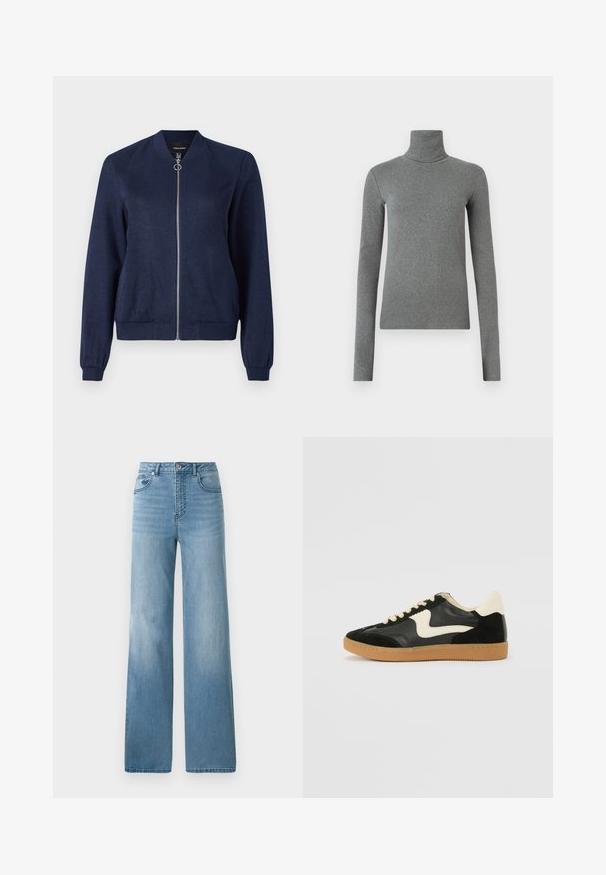 Tummansininen pommikotelo, jossa on hopeinen vetoketju ja pyöreä vetotanko, varustettuna ribbikuvioiduilla hihansuilla ja vyötäröllä, yksinkertaista valkoista taustaa vasten.; Harmaa poolapaita, joka on valmistettu sileästä ja joustavasta kankaasta. Pitkät hihat, tiukka malli, vähäistä tekstuuria, ilman näkyviä kuvioita tai varusteita.; Vaaleansiniset korkeavyötäröiset farkut suoranlahkeisella muotoilulla. Valmistettu denimistä, jossa on viisi taskua ja napitus.; Mustat mokka- ja nahkakengät, joissa on kermaisen valkoinen sivupainatus ja vaalea kermaisine kantapää. Varustettu beigeillä nauhoilla ja kumista valmistetulla ulkopohjalla.