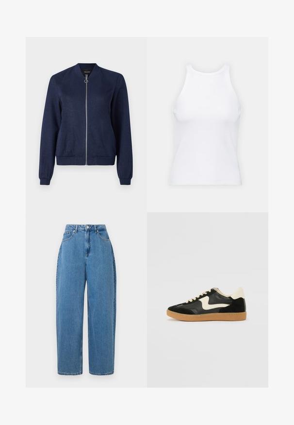 Navy blue bomb jacket with a silver zipper and round pull tab, featuring ribbed cuffs and waistband, against a plain white background.; White sleeveless tank top made of ribbed fabric, featuring a rounded neckline and a fitted silhouette, with minimal seams and no embellishments.; Light blue, high-waisted straight-leg jeans with a button fly and front pockets, displayed against a white background.; Black suede and leather sneaker with a cream side swoosh and light cream heel. Features beige laces and a gum rubber outsole.