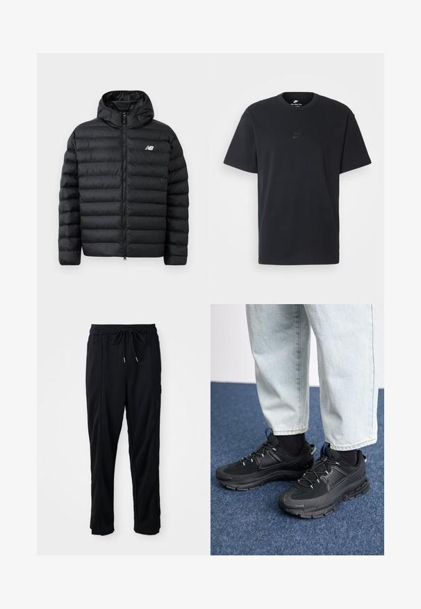 Jachetă puffer neagră cu glugă, având fermoar frontal, textură matlasată și logo-ul New Balance pe pieptul stâng. Material neted și ușor.; Tricou din bumbac negru Nike, cu guler rotund clasic, mâneci scurte și un logo subtil embosat pe piept. Textură netedă.; Pantaloni casual negri cu șnur la talie, cu buzunare laterale și croială dreaptă, pe un fundal simplu.; Pantofi sport negri, cu țesătură texturată și tălpi din cauciuc, având șireturi elastice și un accent albastru pe toc. Purtați cu pantaloni din denim deschis.
