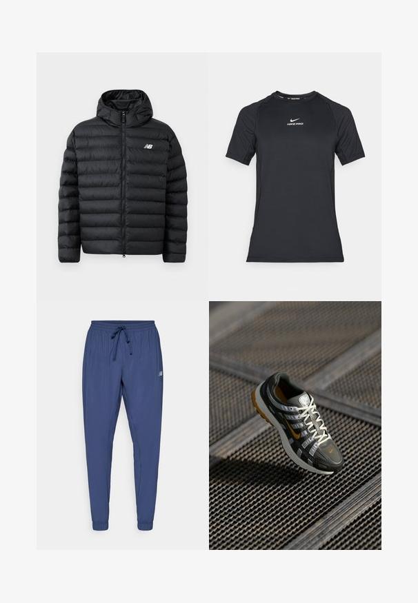 Black puffer jacket with a hood, featuring a zip front, quilted texture, and New Balance logo on the left chest. Smooth, lightweight material.; Black short-sleeve Nike Pro athletic compression shirt with white Nike logo centered on the chest.; Navy blue athletic pants with an elastic waistband, drawstring, and tapered cuffs. Features side pockets and a small logo on one leg.; Nike running shoe with a gray mesh upper, white accents, and a bright orange logo. Features a textured sole and cushioned design.