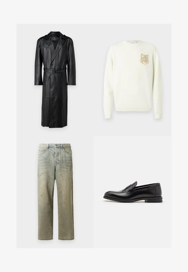 Zwarte leren trenchcoat met een dubbelzijdig ontwerp, ceintuur in de taille en schouderepauletten. Glad textuur en knielengte.; Crème kleur crewneck trui met lange mouwen en een kleine beige voskop-graphic op de linkerkant van de borst, met ribgebreide manchetten en zoom.; Verweerde denim jeans in lichtgroen, met een rechte pijp, vijf-pocket ontwerp en ongelijkmatige vervaging met verfspatten.; Zwarte leren instappers met een gladde textuur, ronde neus en een decoratieve band over de wreef. Lage, gestapelde hak en minimalistisch ontwerp.