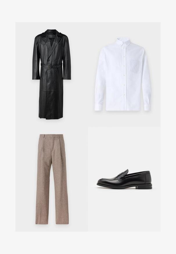 Cappotto trench in pelle nera con design doppiopetto, vita con cintura e spalline. Texture liscia e lunghezza al ginocchio.; Camicia bianca a maniche lunghe con bottoni, realizzata in cotone, caratterizzata da una tasca sul petto con ricamo tonale, colletto e polsini con bottoni.; Pantaloni marroni a vita alta realizzati in tessuto testurizzato. Presentano gambe ampie e due pieghe frontali per struttura. Rifinitura curata senza hardware visibile.; Mocassini neri in pelle con una texture liscia, punta arrotondata e una striscia decorativa sulla tomaia. Tacco basso impilato, design minimalista.