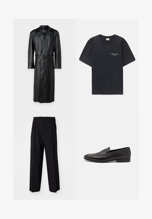 Černý kožený trenčkot s dvouřadým zapínáním, páskem v pase a ramenními epauletami. Hladká textura a délka po kolena.; Černé tričko s krátkým rukávem a kulatým výstřihem s malým bílým logem "Filling Pieces" na levé hrudi.; Černé skládací kalhoty s rovnými, širokými nohavicemi. Vyrobené z hladké tkaniny, se zapínáním na knoflík a poutky na opasek.; Černé kožené pánské mokasíny s nízkým podpatkem a klasickým designem se sponou, zobrazené v bočním profilu na bílém pozadí.
