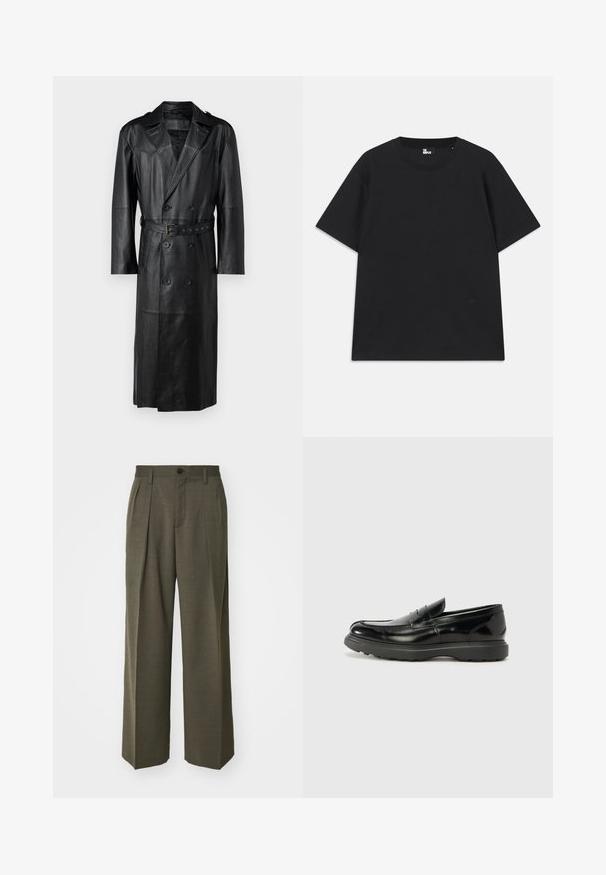 Casaco de trench em pele preta com um design de dupla abotoadura, cintura cingida por um cinto e epaulettes nos ombros. Textura suave e comprimento até aos joelhos.; Camiseta preta de mangas curtas em algodão, com decote redondo e um pequeno detalhe de logo perto da bainha. Textura suave, corte regular.; Filippa K WIDE TROUSERS - Calças - driftwood; Mocassim de couro preto com acabamento brilhante, bico arredondado, detalhes de costura subtil e sola de borracha espessa para durabilidade.