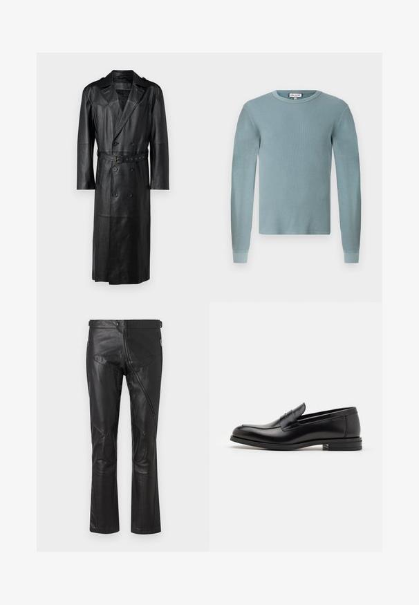 Crni kožni kaput do koljena s dvostrukim kopčanjem, remenom u struku i epauletima na ramenima. Glatka tekstura.; Svijetloplava košulja dugih rukava s rebrastom teksturom i okruglim izrezom. Ima uske manžete i jednostavnu oznaku branda na ovratniku.; Crne kožne hlače ravnog kroja, s patentnim zatvaračima na džepovima, ušivenim zakrpama na koljenima i podesivim detaljima na struku. Glatka tekstura.; Crni kožni mokasini s glatkom teksturom, zaobljenim prstima i ukrasnom trakom preko prednjeg dijela. Niski slojeviti potplat, minimalistički dizajn.