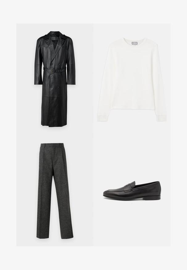 Black leather trench coat with a double-breasted design, belted waist, and shoulder epaulettes. Smooth texture and knee-length.; White long-sleeve ribbed knit top with a crew neckline and fitted cuffs. Features a tag reading "PAUL & JOE" at the collar.; Gray tailored trousers made of textured fabric, featuring two front pleats and a straight-leg design. No visible pockets or embellishments.; Black leather men's loafer with a low heel and a classic penny strap design, shown in side profile on a white background.