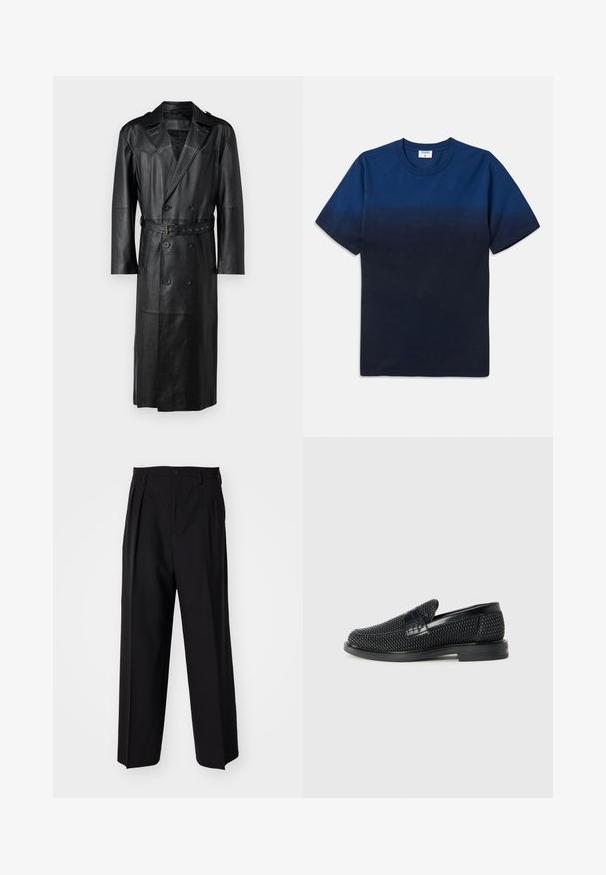 Juodas odinis ilgas paltas su dvigubu įdėklu, diržo juosmens ir petiniais. Lygus paviršius ir iki kelių.; Tamsiai mėlynas medvilninis marškinėliai su apvalia iškirpte, trumpomis rankovėmis ir subtiliu gradientiniu dizainu, pereinančiu nuo šviesesnių atspalvių prie tamsesnių.; Juodi klostuoti kelnių, su tiesiu, plačiu kojų dizainu. Pagaminti iš lygios medžiagos, su mygtukų uždarymu ir diržo kilputėmis.; Juodas pintas slip-on tipo batelis su lygiu odiniu akcentu viršuje, apvalios nosies dizainas ir žemas guminis padas.