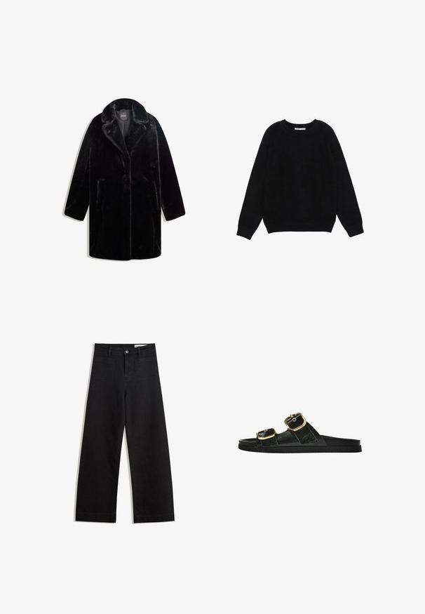 Fekete szőrméből készült kabát, sálgallérral, hosszú ujjú és oldalsó zsebekkel; sima felület és egyszínű, minták vagy díszek nélkül.; Fekete hosszú ujjú kerek nyakú pulóver bordázott mandzsettákkal és szegéllyel, fehér háttéren, laposan elhelyezve.; Fekete, bő szabású farmernadrág magas derékkal, elülső és hátsó zsebekkel, varrott felületekkel és gombos záródással. Sima textúra.; Fekete csúszó szandál, két arany csattal, sima textúrájú anyagból, lapos talppal és minimalista dizájnnal.