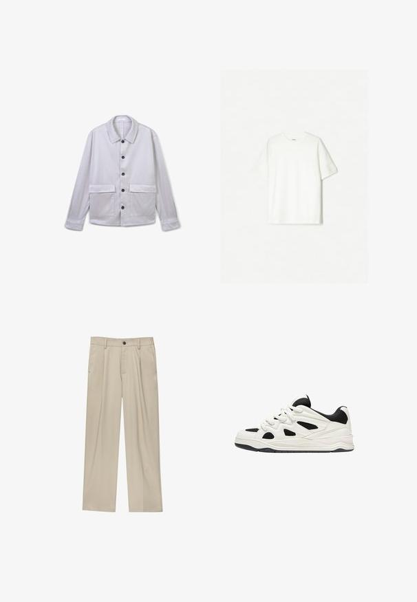 Giacca button-up di un grigio chiaro, con colletto classico, maniche lunghe, due tasche frontali e bottoni neri. Texture liscia, design minimale.; T-shirt bianco a maniche corte, realizzato in cotone morbido. Design a girocollo con una vestibilità comoda e senza loghi o motivi visibili.; Pantaloni beige a taglio dritto, con un solo bottone nero, passanti per la cintura e tasche laterali. Tessuto dalla texture liscia e design minimale.; Scarpe da ginnastica bianche e nere con suola testurizzata, caratterizzate da intagli sui lati e lacci, e una schiena imbottita per il supporto.
