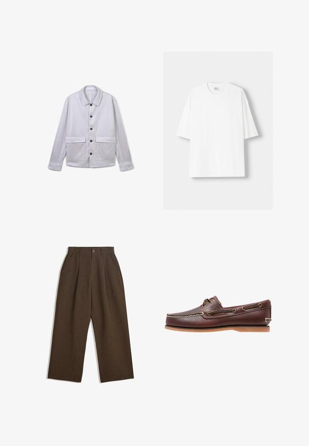 Helle graue Knopfjacket mit einem klassischen Kragen, langen Ärmeln, zwei Fronttaschen und schwarzen Knöpfen. Glatte Textur, minimalistisches Design.; Weißes kurzärmliges T-Shirt aus Baumwolle mit Rundhalsausschnitt und lockerer Passform. Glatte Textur, ohne sichtbare Muster oder Akzente.; Braune Plisseehosen mit weitem Bein, ausgestattet mit einem Knopfverschluss und seitlichen Taschen, aus strukturiertem Stoff, der sich gut für Freizeitkleidung eignet.; Braune Lederbootsschuhe mit weißen Nähten, braunen Schnürsenkeln und einer sandfarbenen Gummisohle. Mit einem Logo an der Seite und Metallösen für die Schnürsenkel.