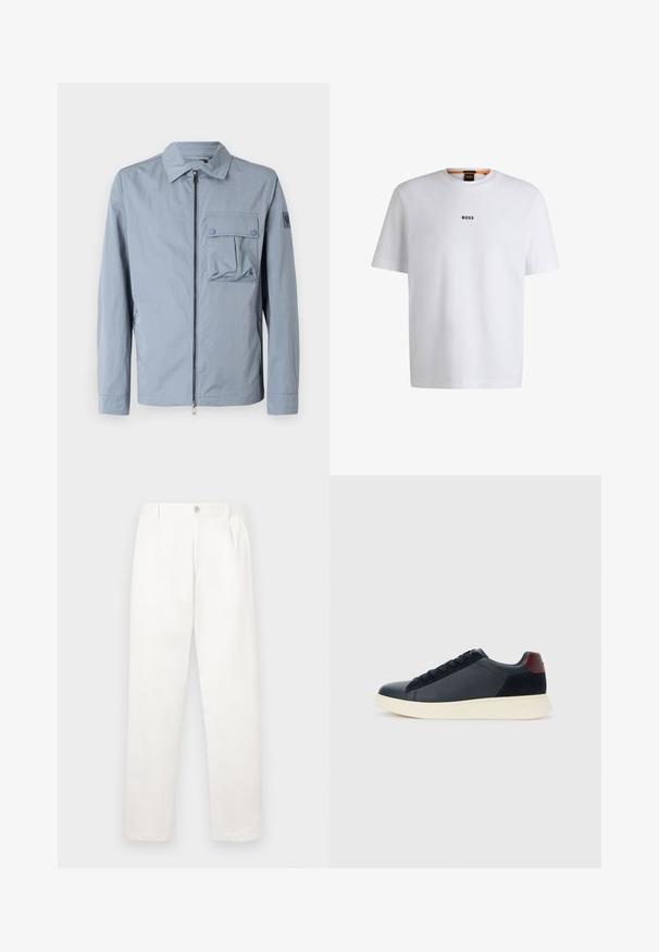 Jachetă cu fermoar de culoare albastru deschis, confecționată dintr-un material neted, având un buzunar pe piept cu clapete, buzunare laterale și guler. Design minimalist, fără modele.; Tricou alb din bumbac cu mâneci scurte, având un logo negru "BOSS" centrat pe piept și un guler rotund.; Pantaloni albi confecționați dintr-un material neted, având un design cu picior drept, pliseuri frontale și un sistem de închidere cu un singur nasture la talie.; Sneakeruri pentru bărbați, cu talpă joasă, din piele neagră și suede, cu tab cuum maron și talpă din cauciuc alb, văzute din partea exterioară.