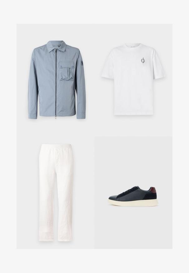 Svetlo modra jakna na zadrgo iz gladkega materiala, ki ima žep na prsih z poklopcem, stranska žepa in ovratnik. Minimalističen dizajn, brez vzorcev.; Bela bombažna majica s sproščenim krojem, ki ima majhen črn grafični logotip na levem prsnem delu. Kratke rokave, okrogel izrez.; Vale bela krila z elastiko v pasu, ravna nogavica in rahlo teksturirana tkanina. Brez vzorcev ali dodatnih podrobnosti.; Nizke moške tenisice iz črnega usnja in semiša z vijoličnim petnim delom in belim gumijastim podplatom, prikazane s sprednje strani.
