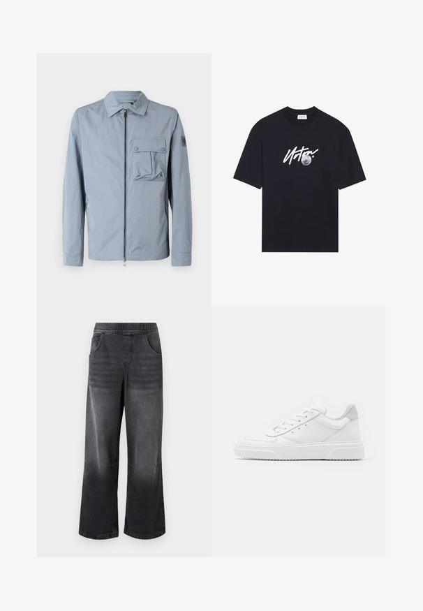 Svetlomodrá zipová bunda vyrobená z hladkej tkaniny, so zasúvací vreckom na hrudi s klopami, bočnými vreckami a golierom. Minimalistický dizajn, bez vzorov.; Čierne bavlnené tričko s bielou grafickou potlačou slova "Urban" a okrúhlym dizajnom na hrudi, s krátkymi rukávmi a okrúhlym výstrihom.; Čierne denimové nohavice so širokými nohavicami a elastickým pásom, obsahujúce dva bočné vrecká a gradientný prechod na svetlejší odtieň na lemoch.; Biele kožené tenisky s hladkým povrchom, zaoblenou špičkou, plochými šnúrkami a textúrovanou podrážkou. Sivý semišový akcent na päte.