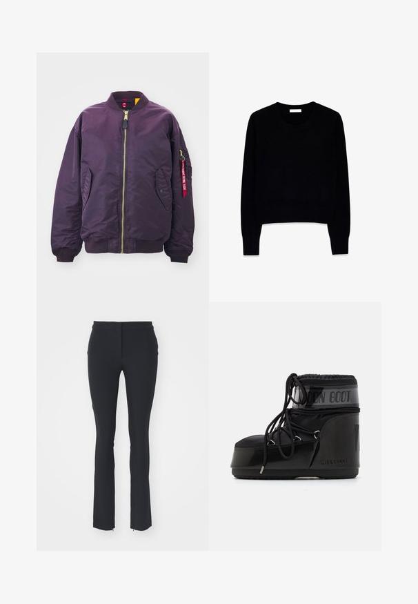 Alpha Industries CORE - Bomber-jakk - plum; Mustast pehmest kangast sviit, millel on ümmargune kaelus ja pikad varrukad. Disain on lühendatud, ribidega mansettide ja alumise äärega.; Mustad venitus püksid, millel on vormitud disain, sile tekstuur, sirge lõige ja väikesed külje zipperid allääris.; Mustad mustasaapad läikiva viimistlusega, ümarate varvaste, pehmendatud ülaosa ja tekstuurse tallaga. Omab paelu ja hõõrutud brändimist küljel.