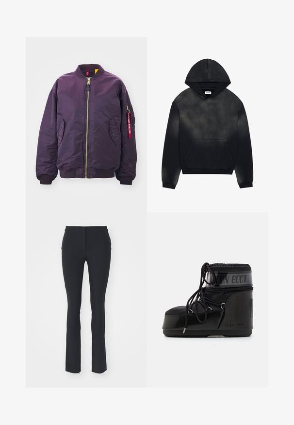 Alpha Industries CORE - Bombera - plum; Čierna mikina s kapucňou so gradient efektom, s prednou kapsou, nastaviteľnou šnúrkou na kapucni a rebrovanými manžetami a lemom. Mäkká textúra látky.; Čierne elastické nohavice s priliehavým strihom, hladkou textúrou, rovnými nohavicami a malými postrannými zipsami na leme.; Čierne mesiace s lesklým povrchom, zaoblenou špičkou, polstrovaným zvrškom a textúrovanou podrážkou. Obsahuje šnúrky a embosované logo na boku.