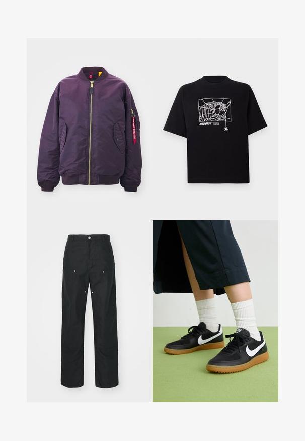 Alpha Industries CORE - Bomberjacke - plum; Schwarzes T-Shirt aus Baumwolle mit kurzen Ärmeln. Mit einem weißen Spinnennetz-Graphic und Logo auf der Vorderseite. Einfacher runder Ausschnitt.; Schwarze Hose mit geradem Bein, aus einem strukturierten Stoff. Verfügt über dekorative silberne Hardware und einzigartige Nahtdetails.; Schwarze Leder- und synthetische Sneakers mit weißem Nike-Swoosh, Gummisohle, runder Spitze und schwarzen Schnürsenkeln. Gestreifte weiße Socken sind sichtbar.