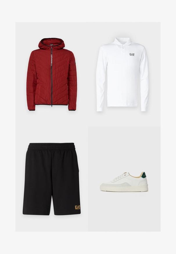 Rød polstret jakke med hette, med skrå quiltet design, frontglidelås og svarte detaljer på glidelåsen og mansjettene.; Hvit langtermet polo skjorte laget av bomull, med klassisk krage, tre knapper og en svart EA7-logo på brystet.; Sorte treningsshorts laget av mykt stoff, med elastisk midje og en liten gul EA7-logo nederst på venstre ben.; Hvit sneakers med semsket detaljer, rund tå, flate snøringer og en kremfarget gummisåle. Har grønn merking på hælen.
