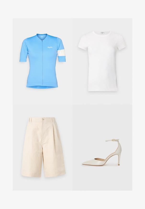 Light blue cycling jersey with short sleeves, a front zipper, and a white stripe on the left sleeve. Features the Rapha logo in white.; White ribbed short-sleeve T-shirt with a crew neck. The fabric appears smooth with a fitted silhouette. Branding label visible at the collar.; Beige linen shorts with a relaxed fit, featuring a button closure, pleated design, and knee-length cut. Smooth texture and simple style.; White leather high-heeled shoe with a pointed toe, ankle strap, and a slim stiletto heel. Smooth texture with subtle glossy finish.