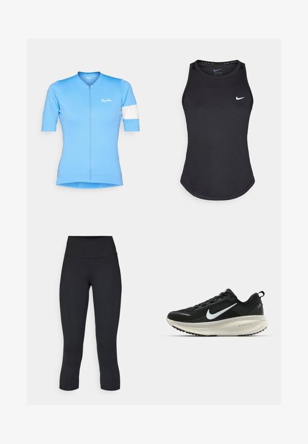 Hele sinine jalgrattasärk lühikeste varrukatega, ees luku ning valge triip vasakul varrukal. Omab valget Rapha logo.; Mustmust muströöp, mis on valmistatud niiskuse eemal hoidvast materjalist. Omab ümmargust kaelust, kitsast lõiget ja valget Nike logo rinnal.; Mustad mustad õhukesed leggingud, mis on valmistatud venivast kangast, kõrge vöökoha ja siledaga, ilma nähtavate mustrite või metalldetailideta.; Musthave mustus Nike jooksujalats, millel on hingav võrgust ülemine osa, valge swoosh logo, tekstuuriga detailid ja kreemja värvusega ZoomX vahevöö.
