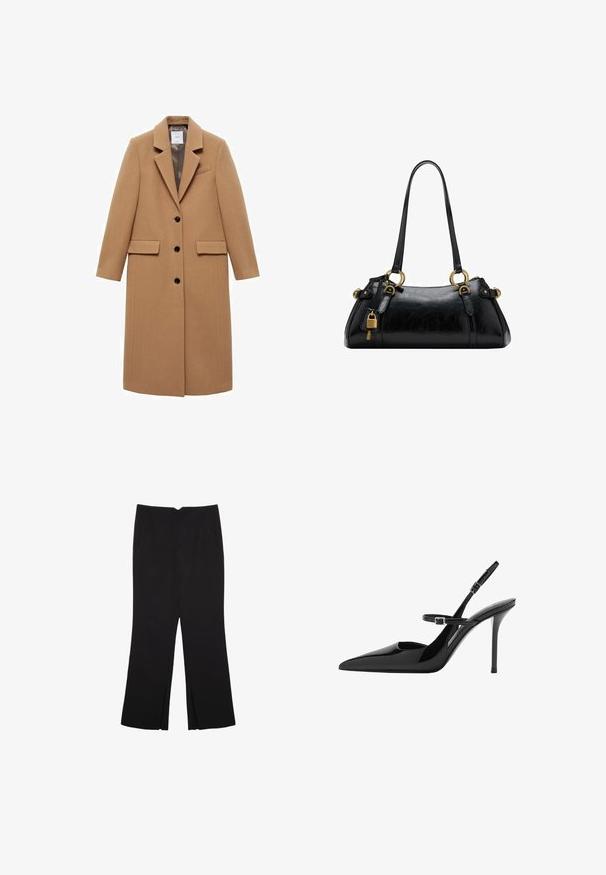 Cappotto cammello realizzato in un misto lana testurizzato, con revers a punta, design monopetto, tre bottoni neri e due tasche frontali.; T-shirt nera a girocollo realizzata in cotone morbido. Maniche corte, vestibilità rilassata e orlo dritto senza decorazioni né motivi.; Pantaloni neri a gamba dritta, con tasche frontali e spacchi laterali all'orlo. Realizzati in tessuto morbido e liscio. Adatti a diverse occasioni.; Slingback in vernice nera con tacco a stiletto, punta affusolata e cinturino regolabile. Superficie liscia con finitura lucida.; Borsa a mano in pelle nera con una texture liscia, forma arrotondata, dettagli in hardware dorato e doppi manici. Presenta un lucchetto decorativo sul lato.; Anelli in resina trasparente e ambra, uno liscio e trasparente, l'altro con una finitura testurizzata in ambra. Entrambi presentano un design rotondo e corposo.